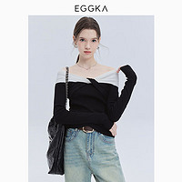 EGGKA 撞色一字肩长短两袖针织衫女2024春季修身显瘦时尚气质上衣 黑色-长 E24A4035ZQ  L