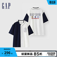 Gap男女装2024夏季撞色拼接印花logo短袖卫衣宽松开衫496384 海军蓝 175/96A (L) 亚洲尺码