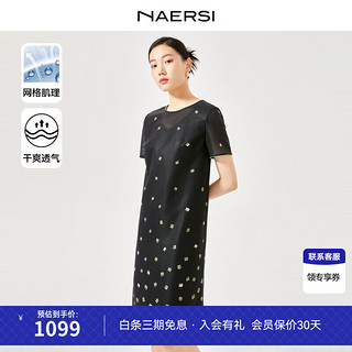 娜尔思（NAERSI）2024春夏圆领连衣裙拼色短袖雪纺裙时尚A字裙 黑色 XL