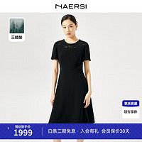 娜尔思（NAERSI）2024春夏短袖黑色连衣裙中长款裙子女 黑色 3XL