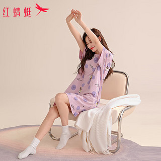 红蜻蜓 睡衣女夏季纯棉短袖波点卡通睡裙家居服 紫色 M码