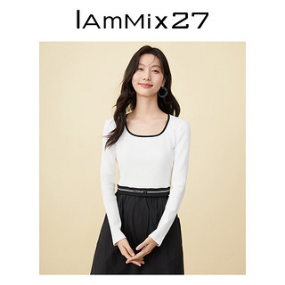 Iammix27圆领套头针织衫女个性截短式撞色字母提花休闲针织套头衫 白色 XL