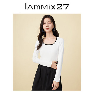 Iammix27圆领套头针织衫女个性截短式撞色字母提花休闲针织套头衫 白色 XL