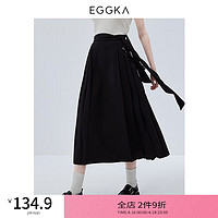 EGGKA黑色绑带百褶长裙女春季小众设计感别致时尚a字半身裙 黑色 L