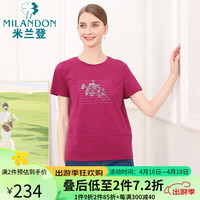 米兰登(MILANDON)2024夏季中老年女装装圆领绣花短袖针织t恤衫女DP2T1111 玫紫 XL