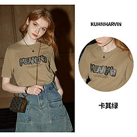 库恩玛维韩版chic印花T恤女202年夏季正肩圆领小个子宽松短袖K52811 卡其绿 S