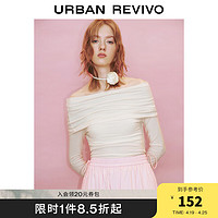 URBAN REVIVO UR2024春季女装都市气质褶皱一字领修身长袖T恤UWU440044 粉白 M