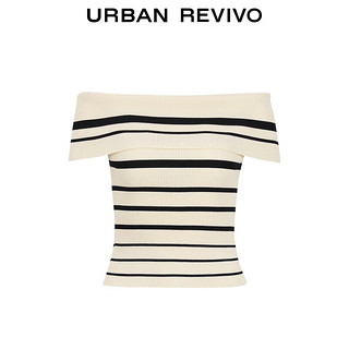 URBAN REVIVO 女士撞色条纹一字领修身显瘦针织衫 UWG940189 黑色条纹 M