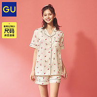 GU 极优 女装缎纹睡衣(短袖短裤)(樱桃)23年夏休闲家居服套装345639