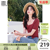 X.YING 香影 红色薄款针织t恤女短袖2024年夏季新款开叉正肩修身方领上衣