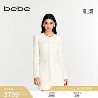 bebe2024春夏女士经典小香千金风珍珠钻扣长袖圆领连衣裙150009 白金 M