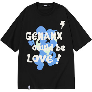 闪电潮牌（GENANX）夏季字母印花宽松落肩袖款圆领T恤男女同款短袖纯棉 黑色 S