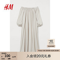 H&M女装连衣裙夏季垂感宽松袖美背露肩一字领气质长裙0990431 浅米色 160/88