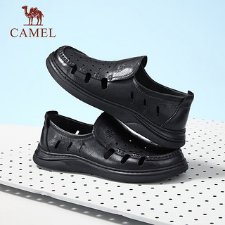 骆驼（CAMEL）男士镂空软底商务休闲皮凉鞋 G14M155654 黑色 38
