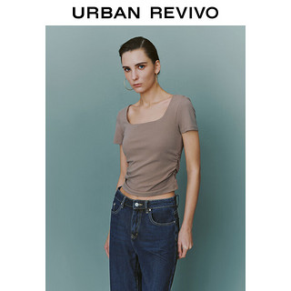 URBAN REVIVO 夏季女交叉收褶修身T恤 UWG440062 卡其棕 S