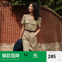 森马（Semir）连衣裙女方领开叉中长裙2024夏盐系工装裙复古 咖色调00455 160/84A/M