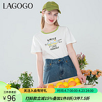 lagogo拉谷谷可爱印花短袖T恤女2024年夏季正肩显瘦小白T 本白色(V1) L