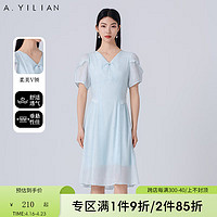 阿依莲（A.YILIAN）气质V领连衣裙女士2024夏季法式桔梗收腰泡泡袖中长裙 淡水蓝 S