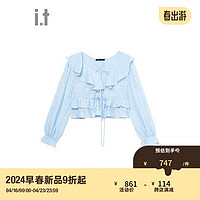 tout a coup it 女装短款微透荷叶边拼接衬衫2024春季130AS4M BLL/蓝色 XS