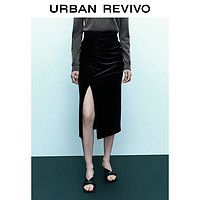 百亿补贴：URBAN REVIVO UR女装复古气质优雅丝绒开衩褶皱直筒半裙UWG530040