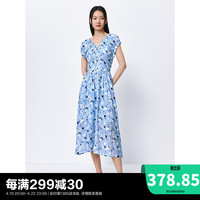 太平鸟女装法式度假碎花裙2024夏V领收腰连衣裙显瘦长款裙子 蓝色纹样 L