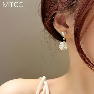 TMOWO S925银针小山茶花耳钉白色玫瑰花珍珠耳环女气质新款潮
