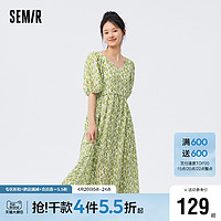 Semir 森马 [商场同款]森马连衣裙女v领满印2023新款夏季修身肌理雪纺裙森系