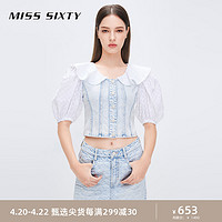 MISS SIXTY 含醋酸牛仔短袖衬衫女法式拼接娃娃领甜美泡泡袖衬衣