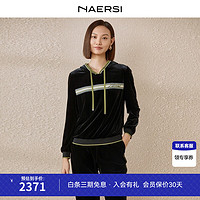 娜尔思（NAERSI）黑色连帽套头长袖卫衣2024春时尚拼色通勤上衣 黑色 M