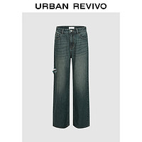 URBAN REVIVO 夏季女装潮流休闲复古破洞毛须牛仔长裤 UWV840160 蓝色 25