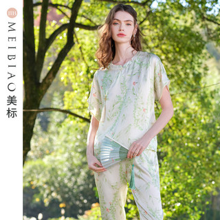 美标 MEIBIAO19姆米重磅短袖真丝睡衣套装女春夏中国风100%桑蚕丝可外穿家居服 淡绿 L(165/88A)
