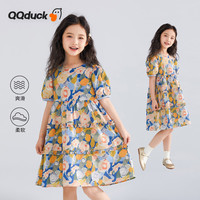 可可鸭（QQ DUCK）童装女童裙子中大童连衣裙碎花田园裙青少年衣服油画碎花；140