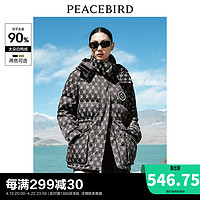 PEACEBIRD 太平鸟 老花纹样派克羽绒服2023冬连帽一手长工装风白鸭绒 黑色纹样 S