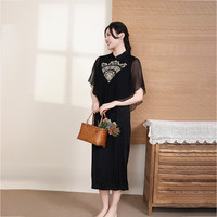 布符2024旗袍女新中式敦煌藻井重工刺绣改良年轻款日常可穿 黑色 S