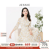 JESSIE气质木耳边V领雪纺连衣裙印花裙女2024春季 黄色 M