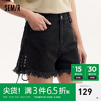 森马（Semir）森马牛仔裤女黑色毛边绑带高街潮酷2024夏高腰辣妹短裤显腿长 牛仔水洗黑98201 24