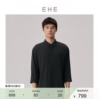 EHE男装 2024夏季条纹暗门襟贝壳扣清爽轻薄休闲七分袖衬衫男 黑色，尺码：XL