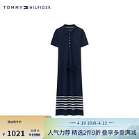 TOMMY HILFIGER 24春夏女装通勤条纹系带五粒扣POLO裙连衣裙76J5316 藏青色FAP XS