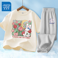 真维斯童装女童运动套装2024儿童短袖纯棉夏季女孩衣服洋气时髦薄款夏装 【套装】J玫瑰兔/杏+J粉兔K/浅灰 140