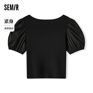 森马（Semir）森马针织衫女短款黑色紧身2024夏季泡泡袖拼接上衣 黑色调00399 165/88A/L