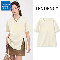 真维斯宽松开叉短袖t恤女2024年夏季个性别致美式感黑色内搭上衣服 杏-龙角故事 L