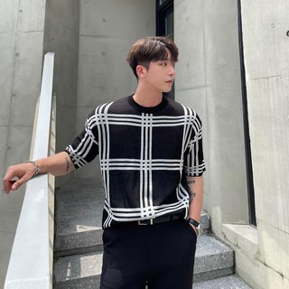 CUCHOHOMME夏季短袖男针织衫韩版潮流宽松圆领体恤衫半袖T恤男士格子上衣服 黑色 2XL