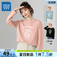 JEANSWEST 真维斯 JR真维斯女装宽松纯棉圆领印花上衣 2023春季新款 女款长袖T恤衫