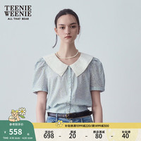 Teenie Weenie小熊2024夏装蕾丝双层领短袖衬衫清新碎花上衣女 浅蓝色 160/S