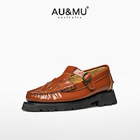 AU&MU2024春季女士织包头皮鞋复古小众玛丽珍女鞋一字扣带单鞋 G970棕褐色 37