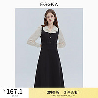 EGGKA假两件撞色polo领连衣长裙2024春季法式设计感气质a字长裙 黑色 L