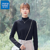 JEANSWEST 真维斯 德绒t恤女2024春季半高领保暖打底衫女修身显瘦内搭上衣黑色2XL