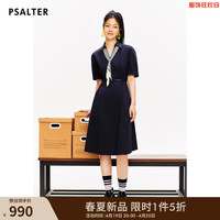诗篇(PSALTER)专选2024夏可拆条纹丝巾翻领腰带收腰连衣裙 藏蓝 36
