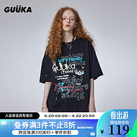 古由卡（GUUKA）美式猫咪涂鸦短袖T恤男夏季 休闲简约纯棉上衣宽松百搭潮 黑色F4633 XL