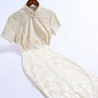 戚薇改良米色旗袍年轻款高端气质素雅复古日常中国风连衣裙   米色 M